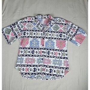Cabrais Aztec Shirt Womens 16 XL White Pink Blue Southwest Tribal Vintage 90s‎